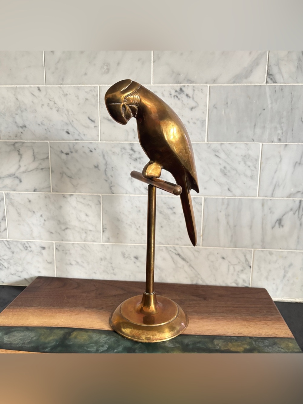 Vintage 11” Brass Parrot Statue: Hollywood Regency Bookshelf Decor